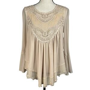 Ultra Pink Small Victorian Top Asymmetrical Crochet Lace Lined Long Bell Sleeves